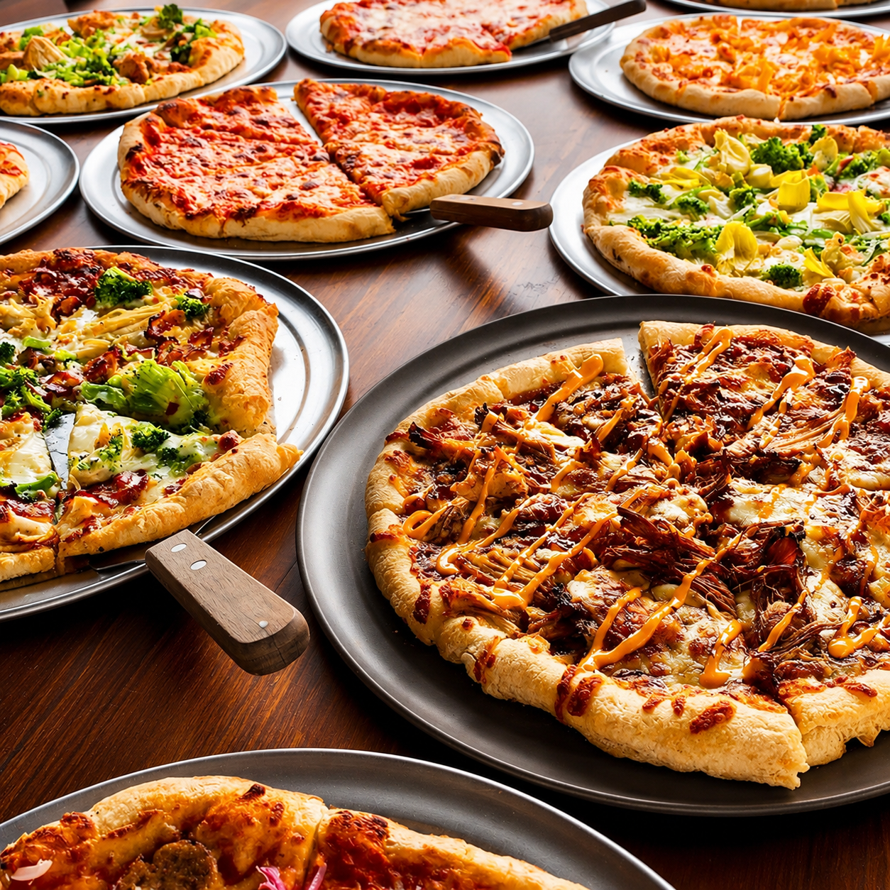 Several plates of assorted pizzas on a wooden table.