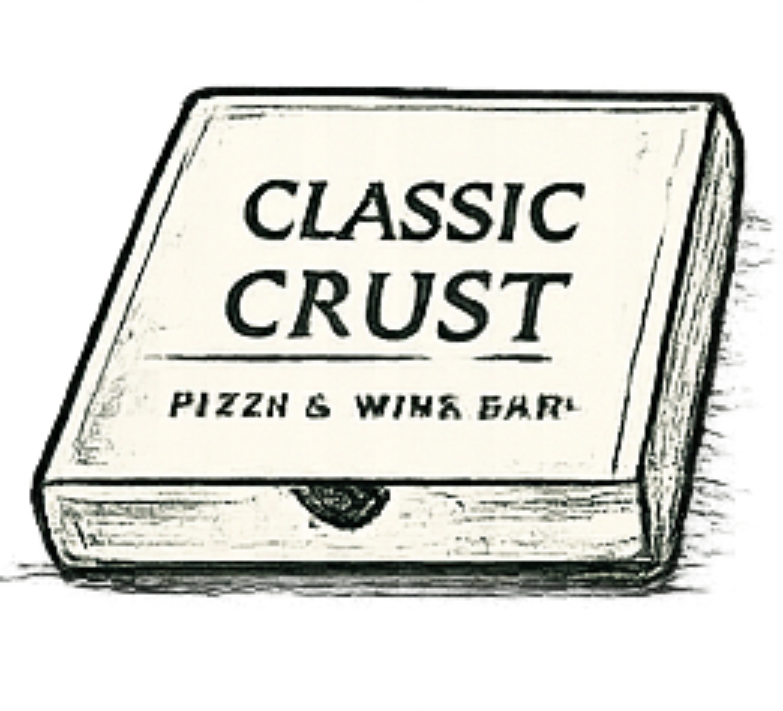 A black-and-white illustration of a pizza box labeled "Classic Crust" with smaller text "Pizza & Wine Bar" underneath.