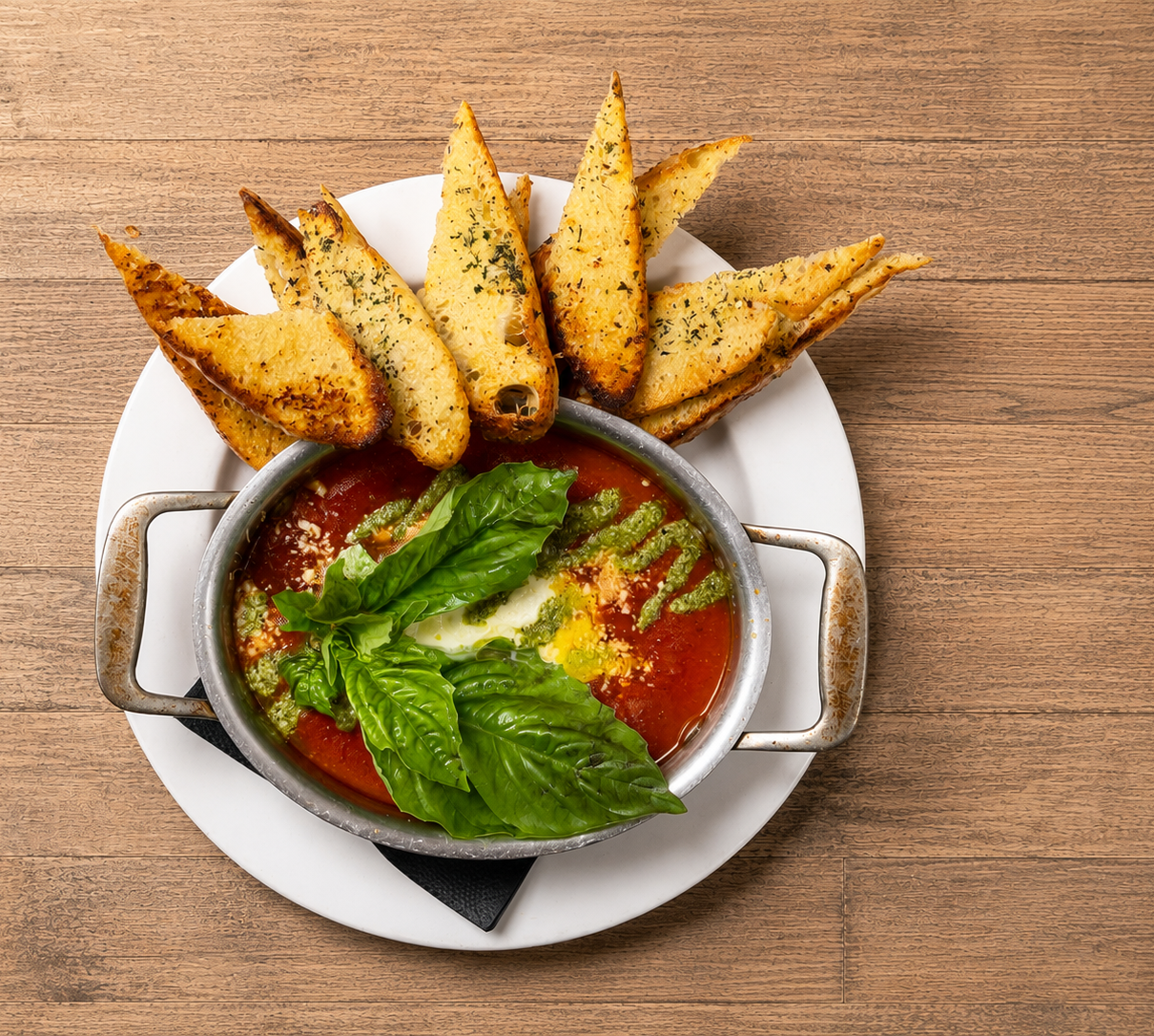 Plate of garlic bread and baked eggs with tomato sauce and basil leaves on a wooden surface.