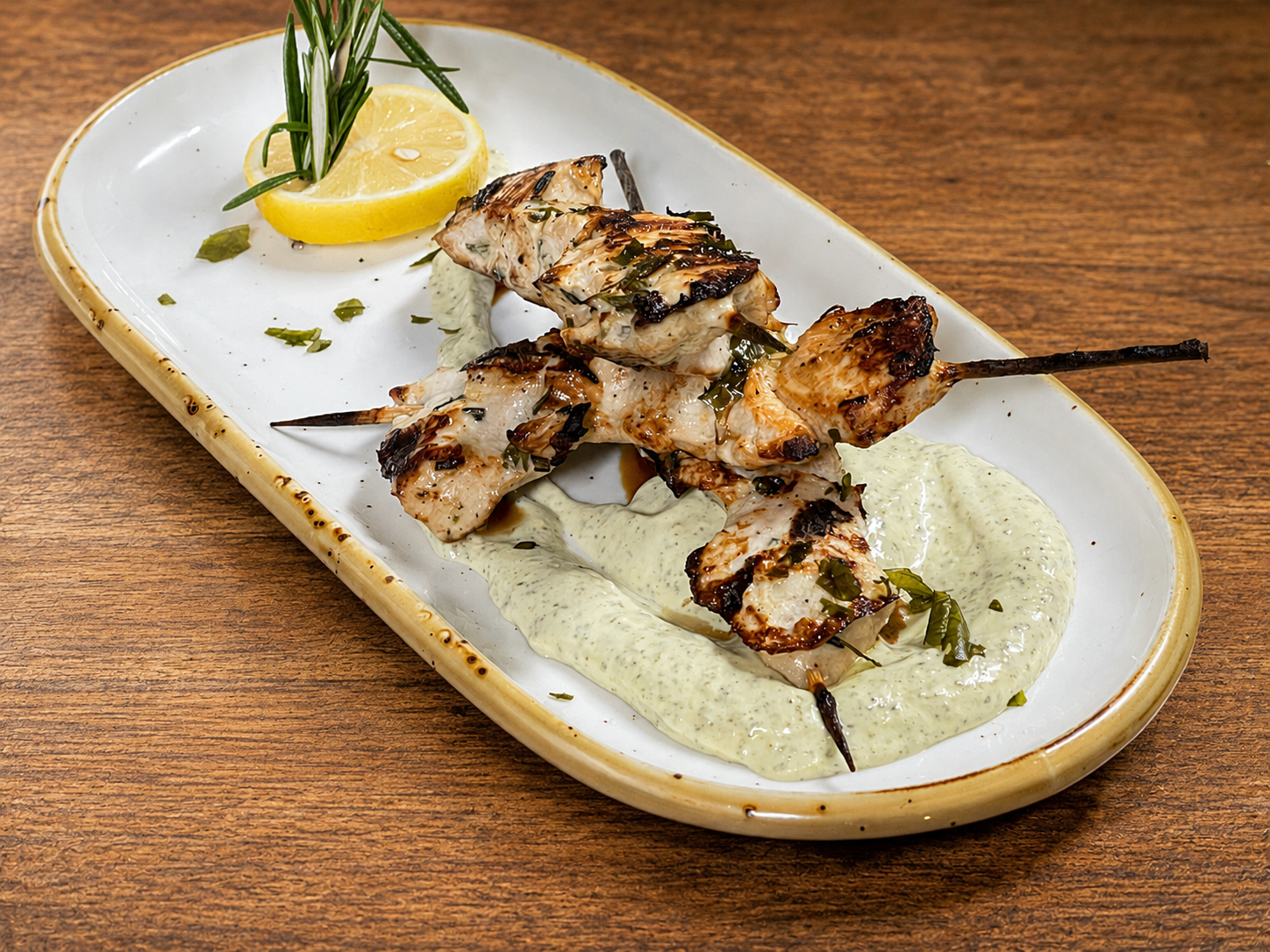 Skewers of grilled chicken with herbs on a plate, served with green sauce, lemon slice, and garnished with herbs.