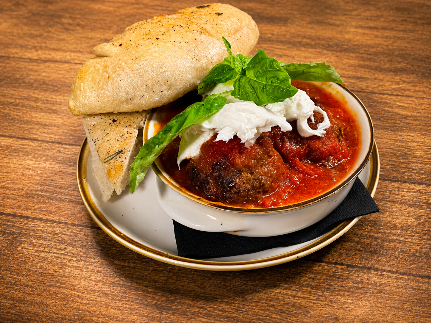 A bowl of meatballs in tomato sauce topped with dollops of sour cream and fresh basil, served with slices of bread on a wooden table.