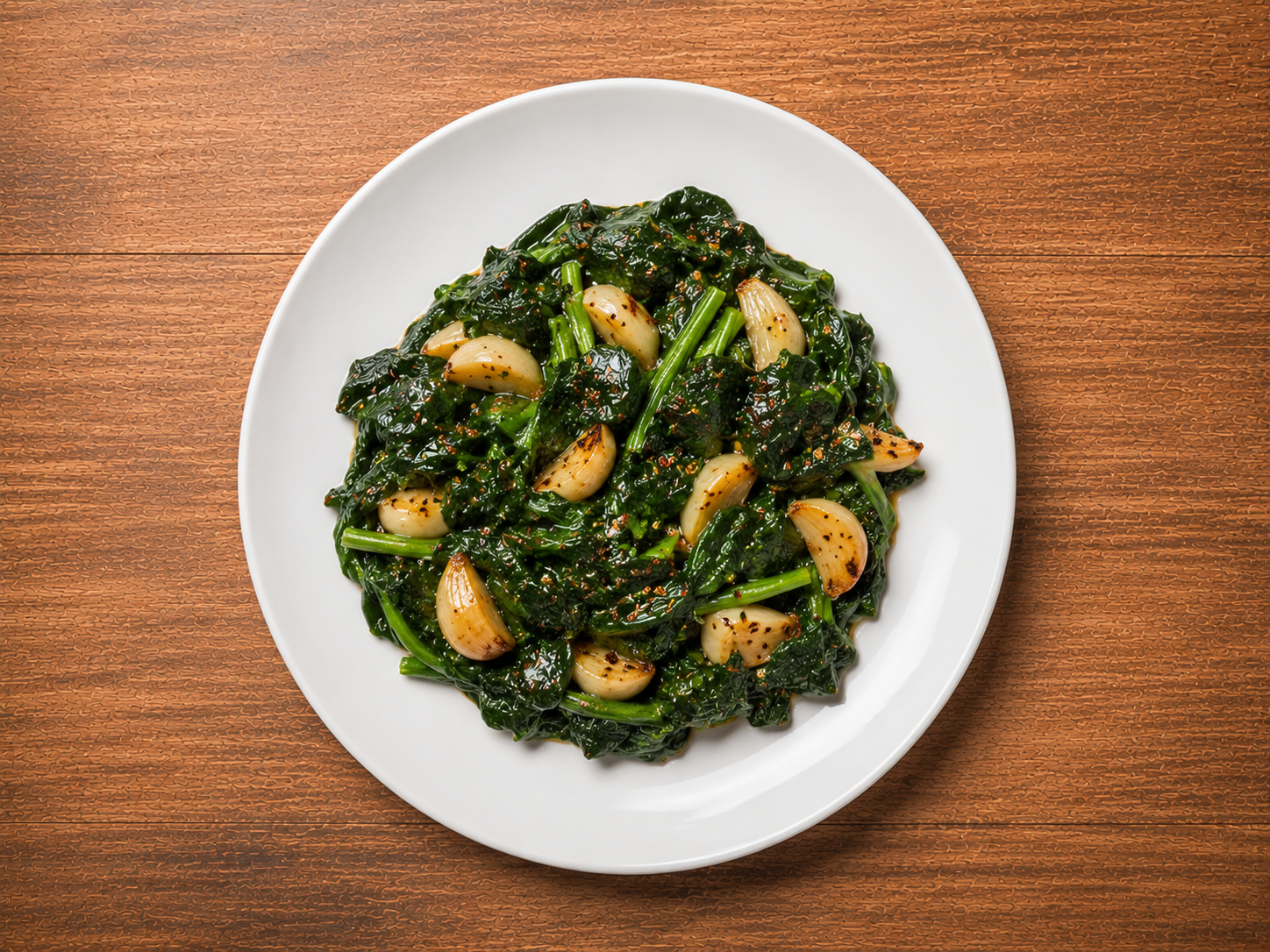 A white plate of cooked garlic and greens on a wooden surface.