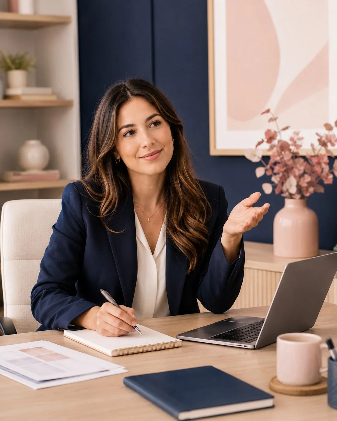 A woman in a navy blazer and white shirt sitting at a desk with a notebook and pen, smiling, with a laptop, mug, and decorative vase with pink flowers.