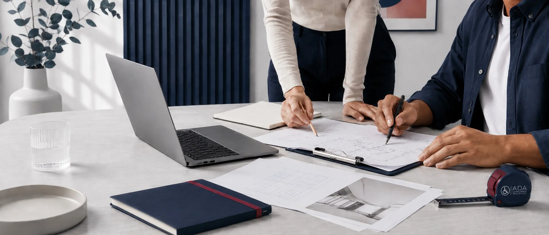 Two people working on architectural plans at a table with a laptop, notebooks, and drafting tools in a modern office.