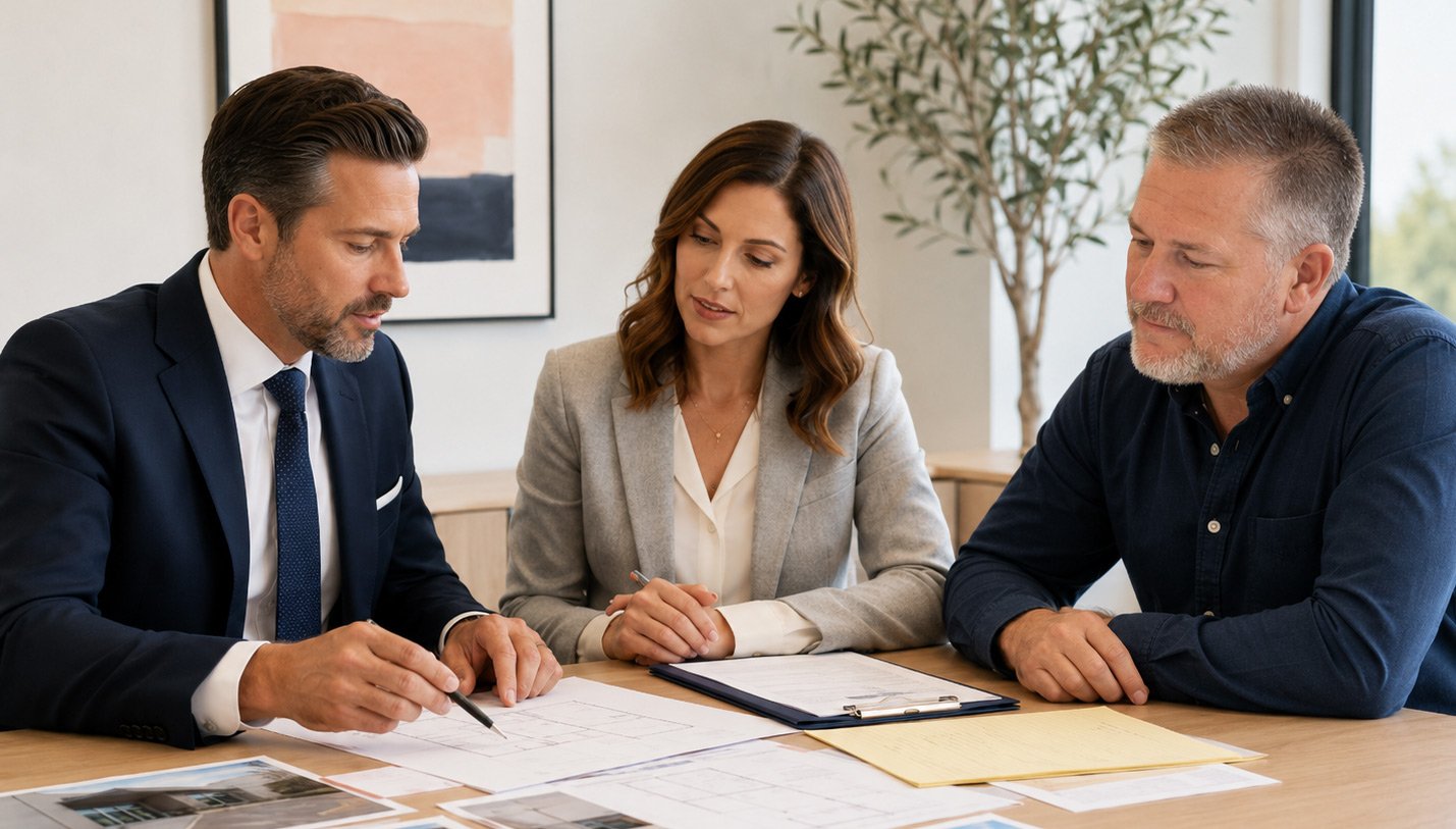 Three business professionals, two men and one woman, engaged in a discussion at a conference table with documents and sketches.