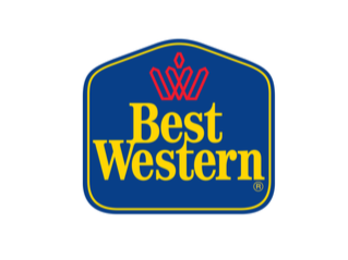 Best Western logo with blue background, yellow text, and a red crown symbol