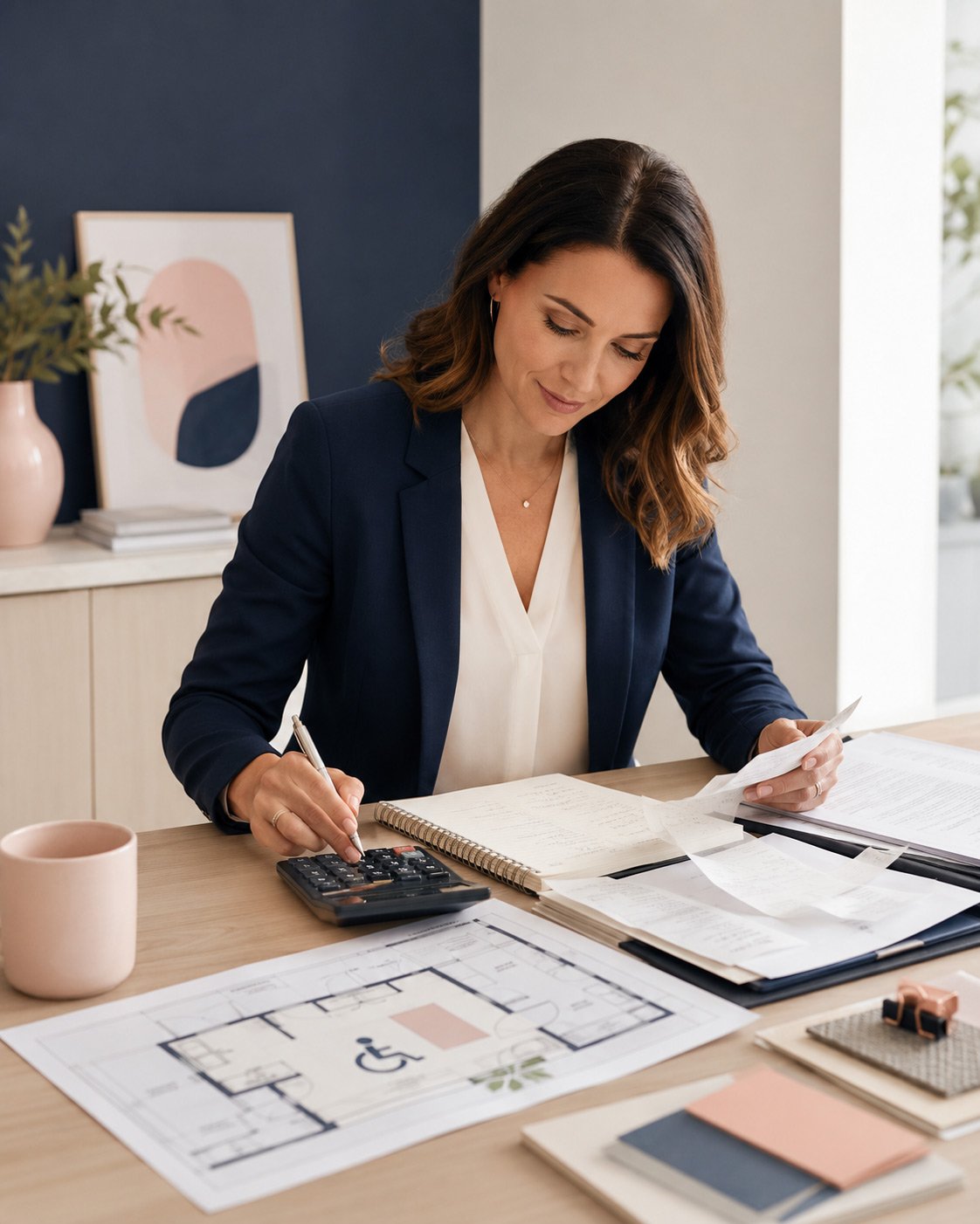 Woman in business attire working at a desk with architectural plans, calculator, and documents.