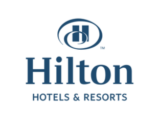 Hilton Hotels & Resorts logo with blue text and emblem.