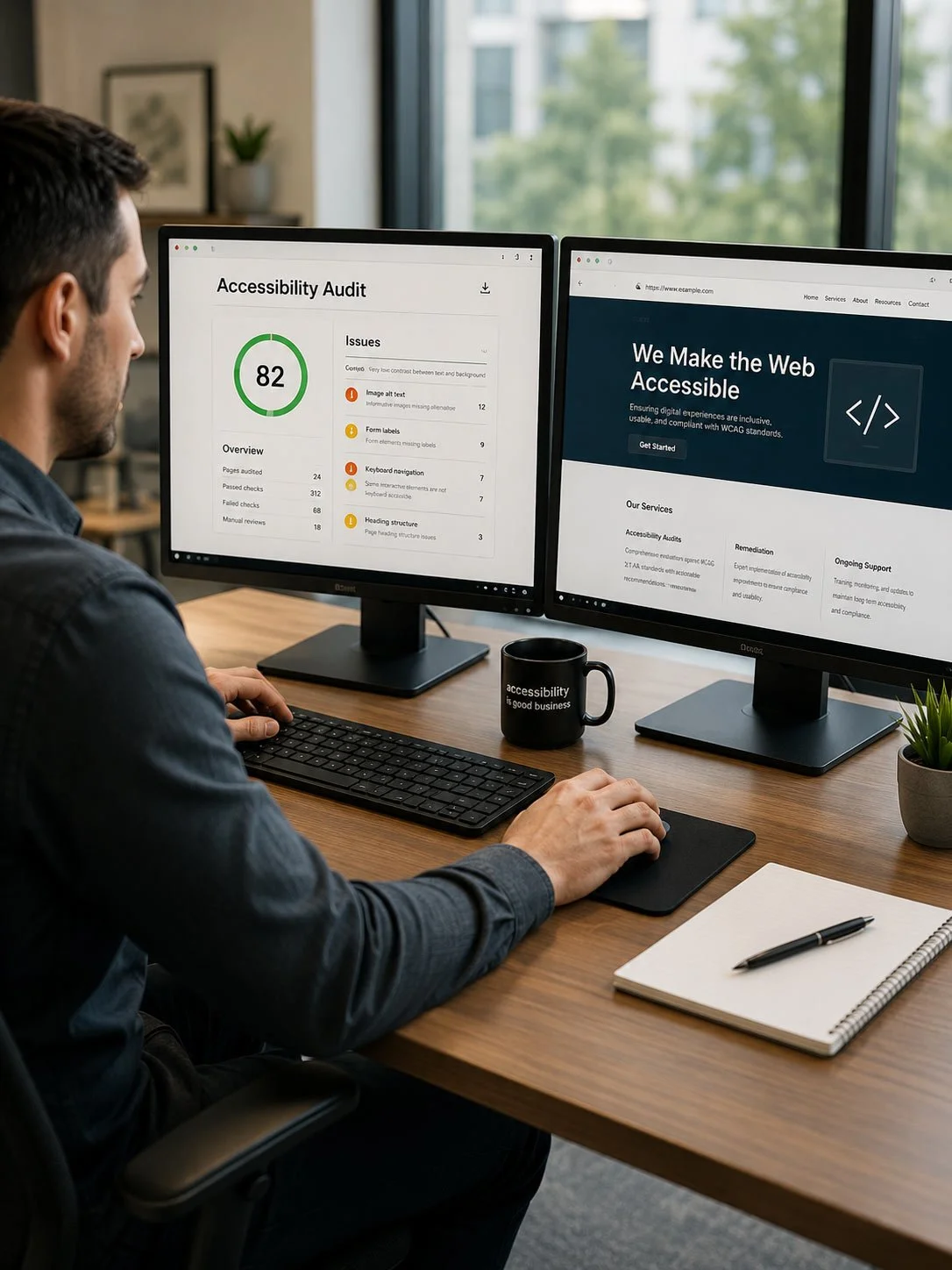 A man working at a desk with two computer monitors. One screen shows an accessibility audit with a score of 82, issues, and overview. The other screen displays a website titled 'We Make the Web Accessible' with navigation links, a button, and service information. A coffee mug reads 'accessibility is a good business,' and there is a notebook with a pen on the desk.