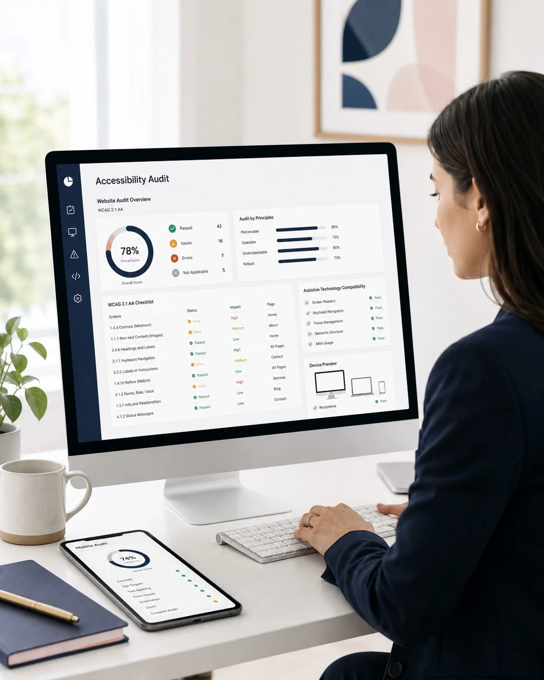 Professional reviewing a website accessibility audit dashboard showing a 78% score, WCAG checklist results, issues and errors, device previews, and assistive technology compatibility.