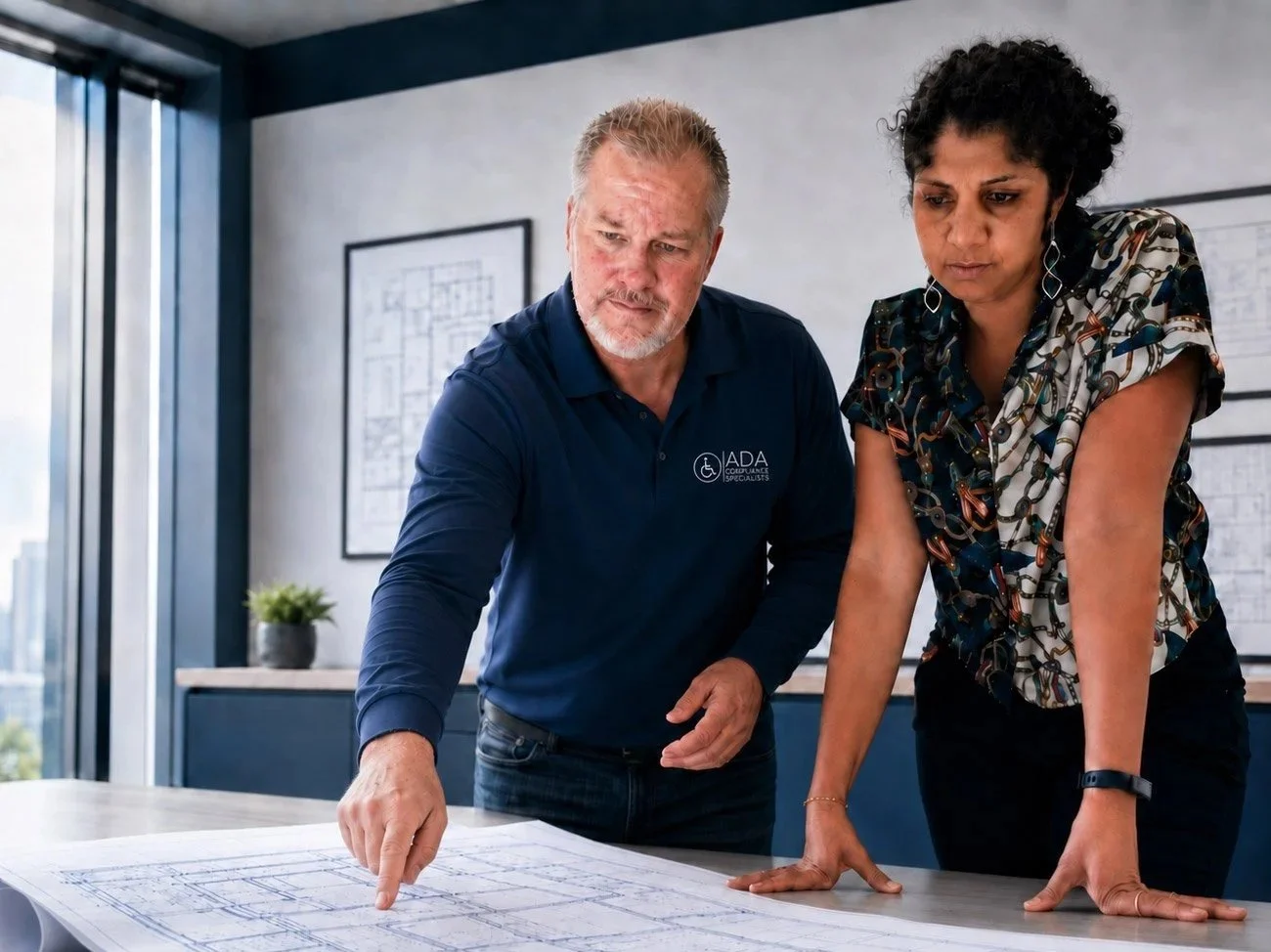 An ADA Inspector points at some architectural drawings to show a client how to make her property ADA Compliant