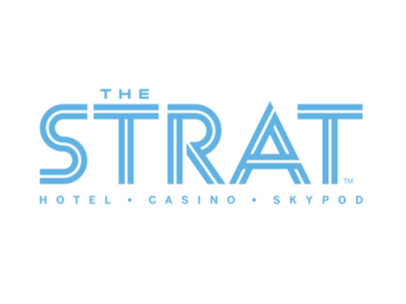 Logo for The Strat hotel, casino, and Skypod with blue text on a white background.