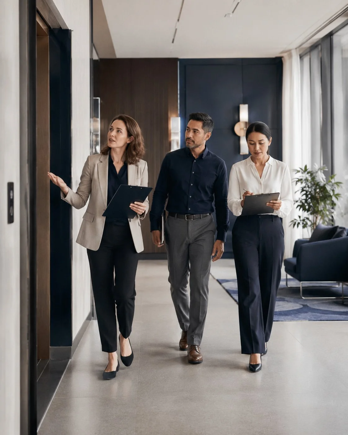 Three professionals, two women and one man, walk together in an office building hallway, with the woman on the right taking notes on a clipboard and the woman on the left gesturing towards an elevator.