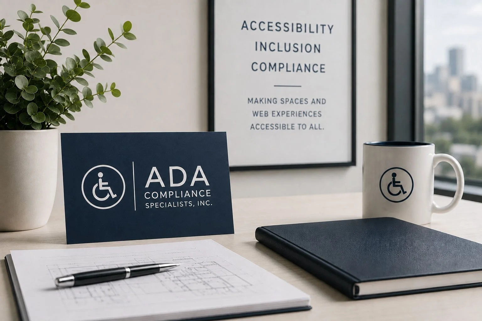 Office desk with a potted plant, ADA Compliance Specialists, Inc. sign, a black notebook, a planner with a pen, a coffee mug with a wheelchair accessibility symbol, and a framed poster about accessibility and inclusion.