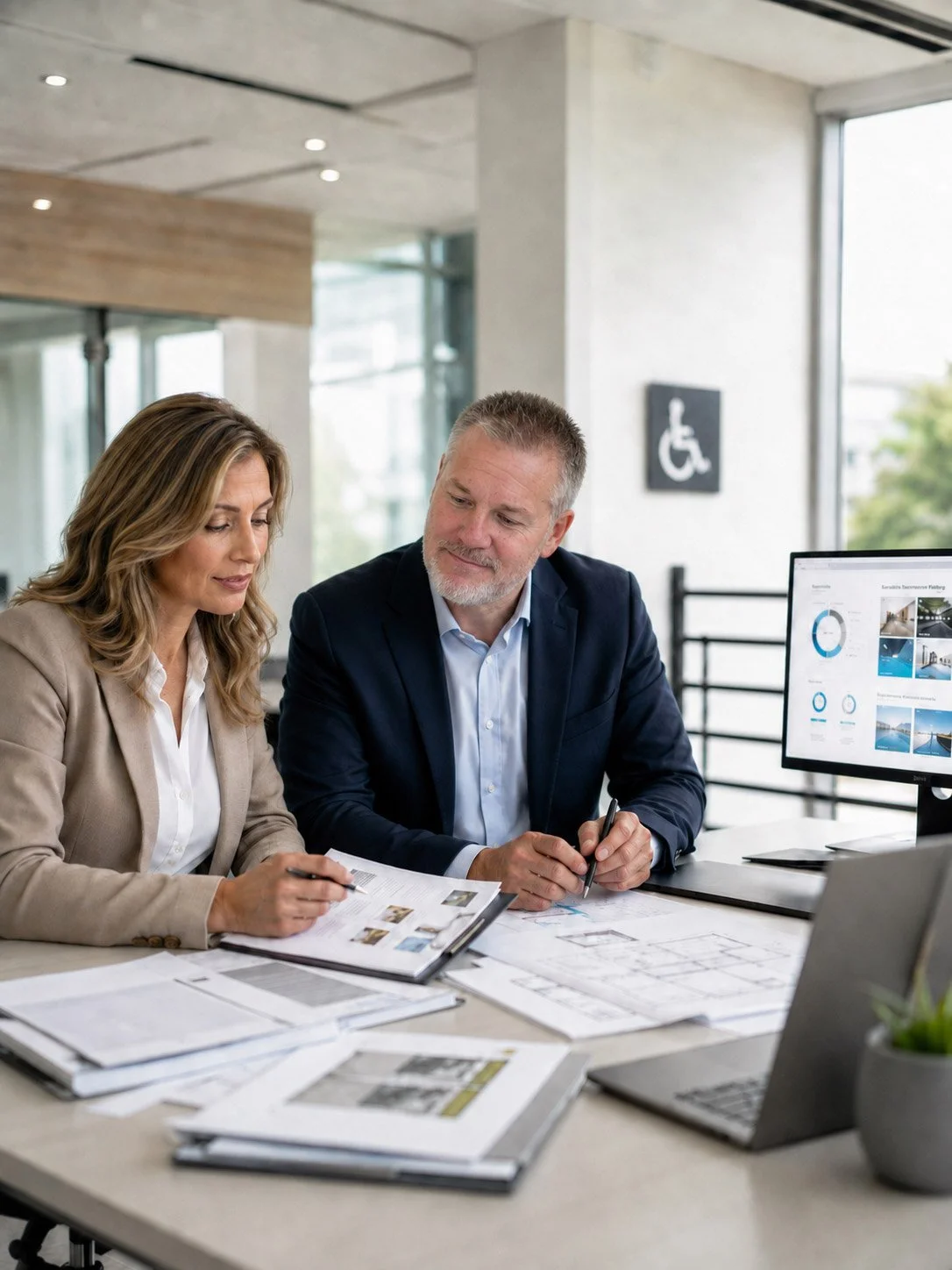Two accessibility consultants reviewing inspection reports and building plans in a modern office.