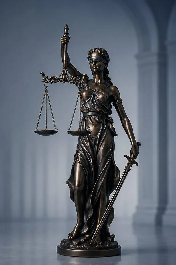 Bronze statue of Lady Justice holding scales in one hand and a sword in the other, blindfolded, standing on a pedestal.