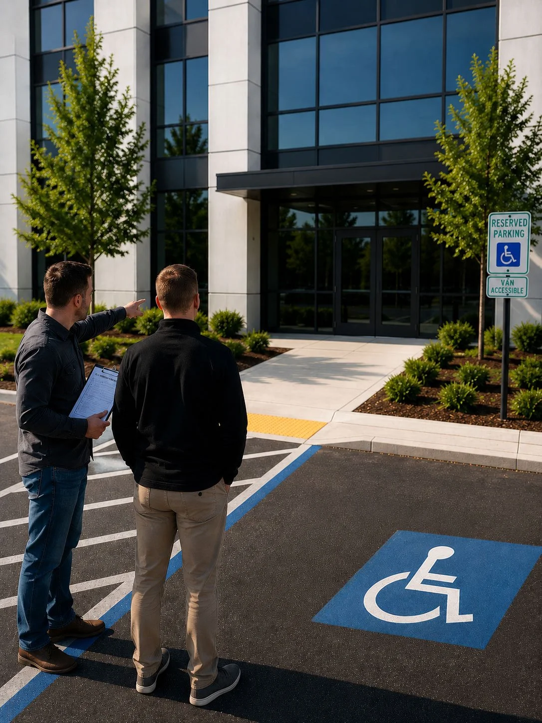 Two men standing in a parking lot near a building, one holding a clip-board and pointing towards the building, next to them is a designated accessible parking space and sign for handicapped parking.