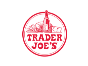 Trader Joe's logo with a bottle of wine, bread, and cheese inside a red circle.