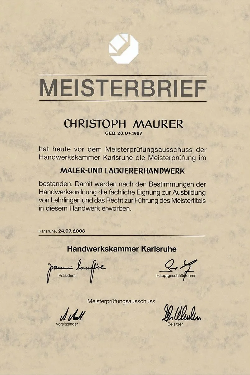 Meisterbrief von Christoph Maurer, Maler- und Lackierermeister, Handwerkskammer Karlsruhe – Grundlage für fachkundige Sachverständigengutachten.