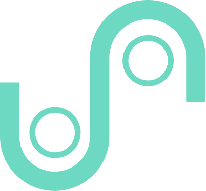 A stylized, abstract teal line design with two circular loops.