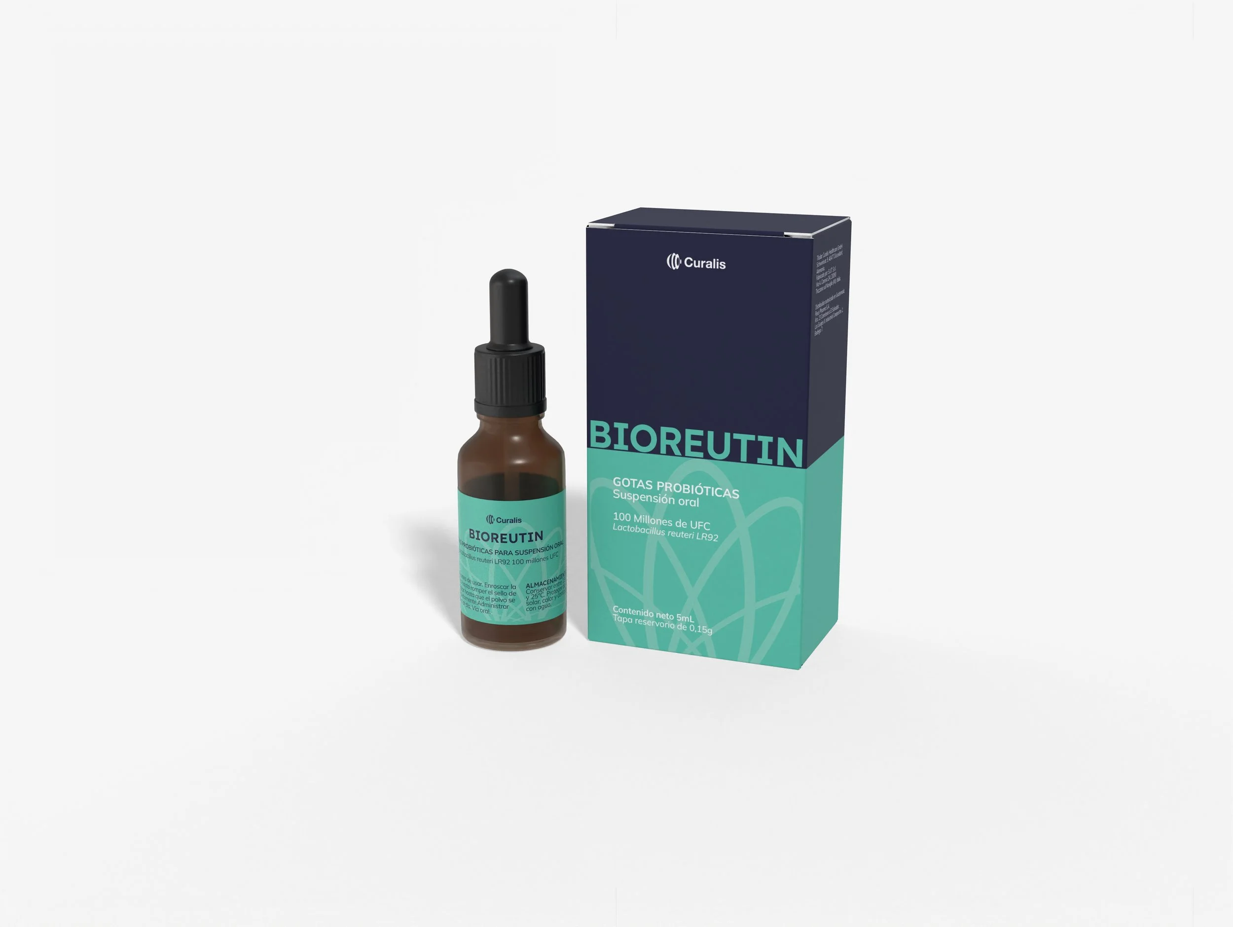 A brown glass dropper bottle labeled BIoreutín probiotic drops next to a blue and turquoise box with the same branding.
