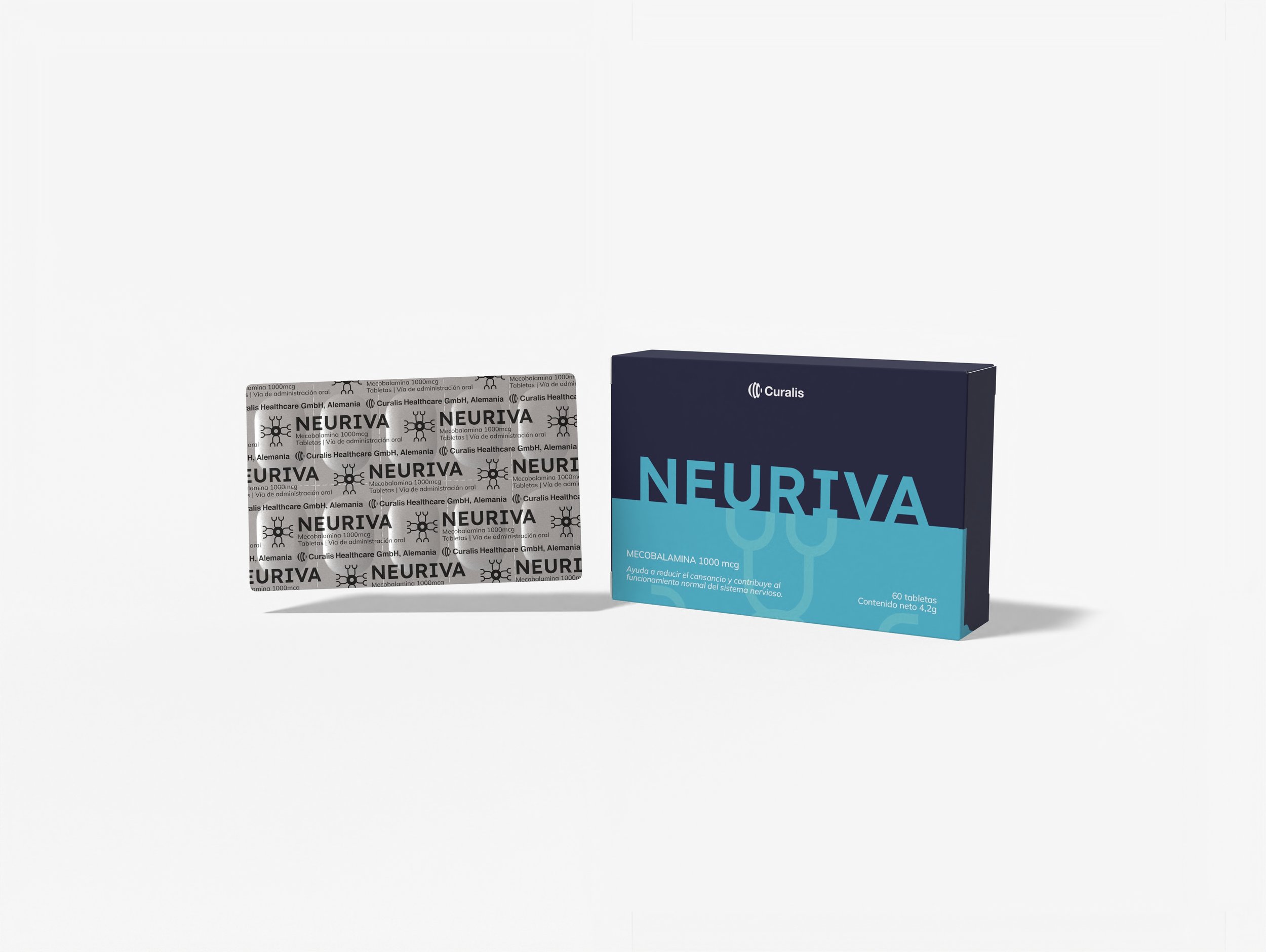 A box labeled Neurovita with a blister pack of tablets and packaging labeled Curalis, featuring the Neurovita branding and blue packaging.