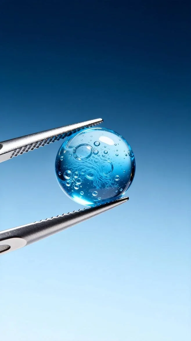 A close-up of a glass sphere with blue liquid inside, held by silver tweezers against a clear blue background.