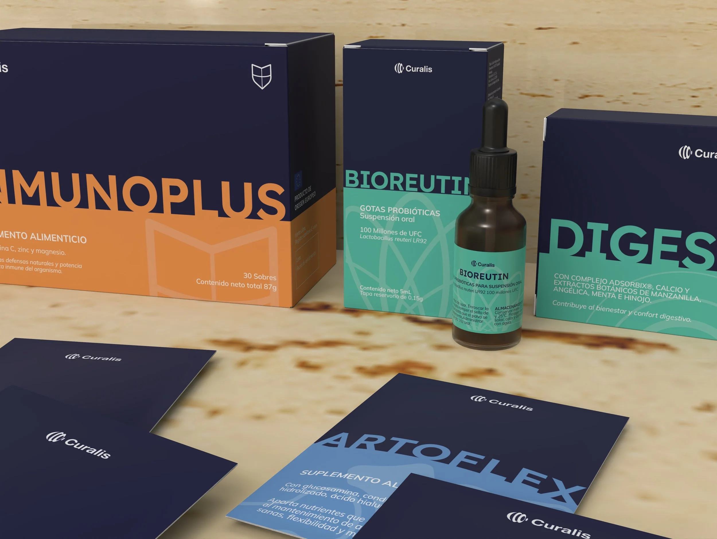 Various health supplement products including boxes labeled Immunplus and Riges, a bottle labeled Bioreutin, and informational flyers on a wooden surface.