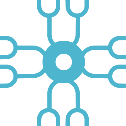 A digital illustration of a central circle connected to six surrounding curved lines, resembling a network or molecular diagram.