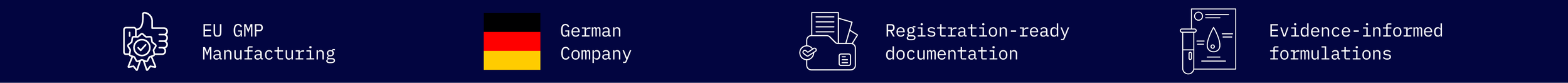 Icons with text indicating EU GMP Manufacturing, German Company, Registration-ready documentation, and Evidence-informed formulations.