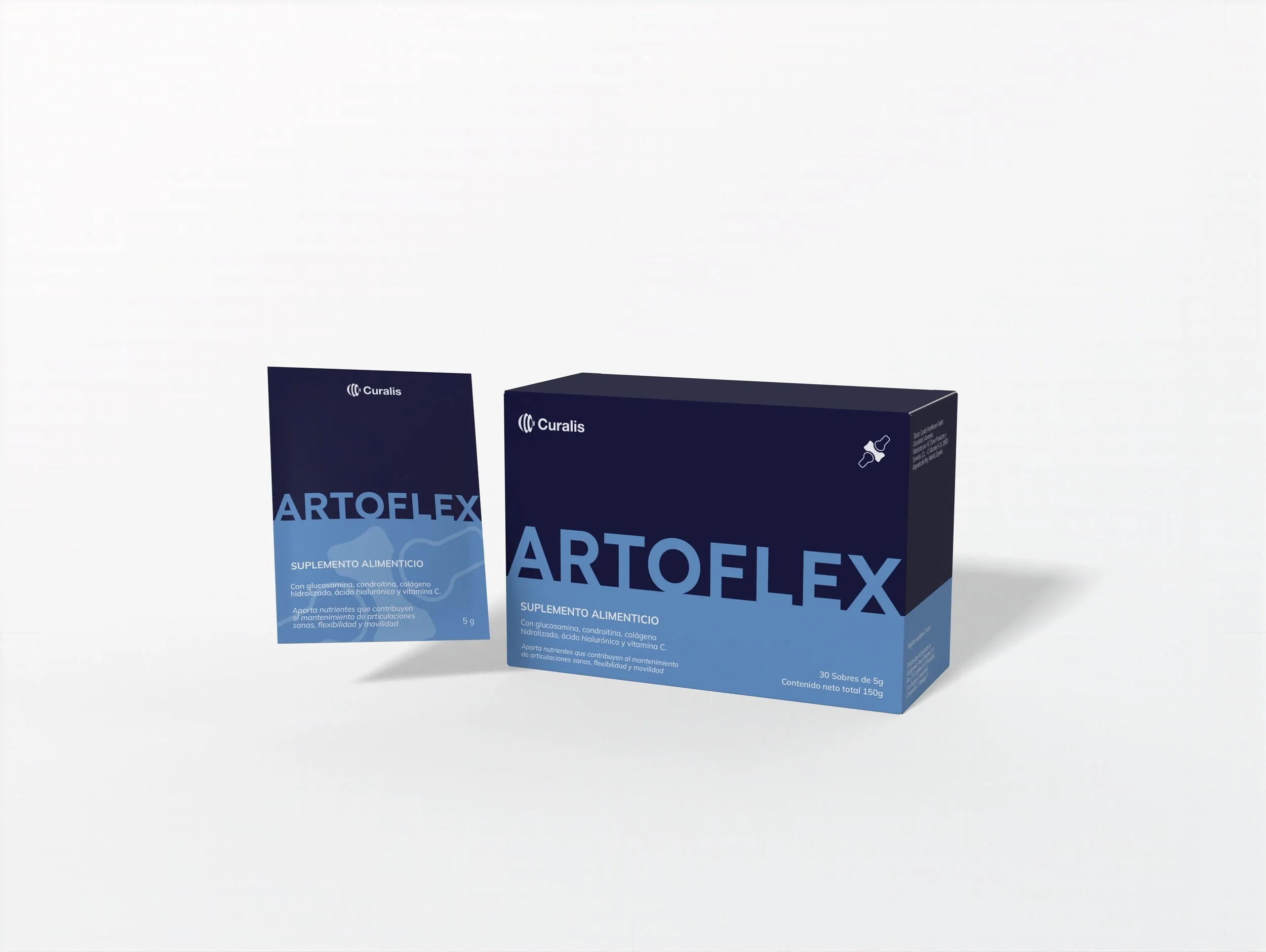 Two boxes of Artoflex dietary supplement by Curalis, one standing and one leaning, with a separate sachet in front. The packaging is dark blue with white and light blue text.