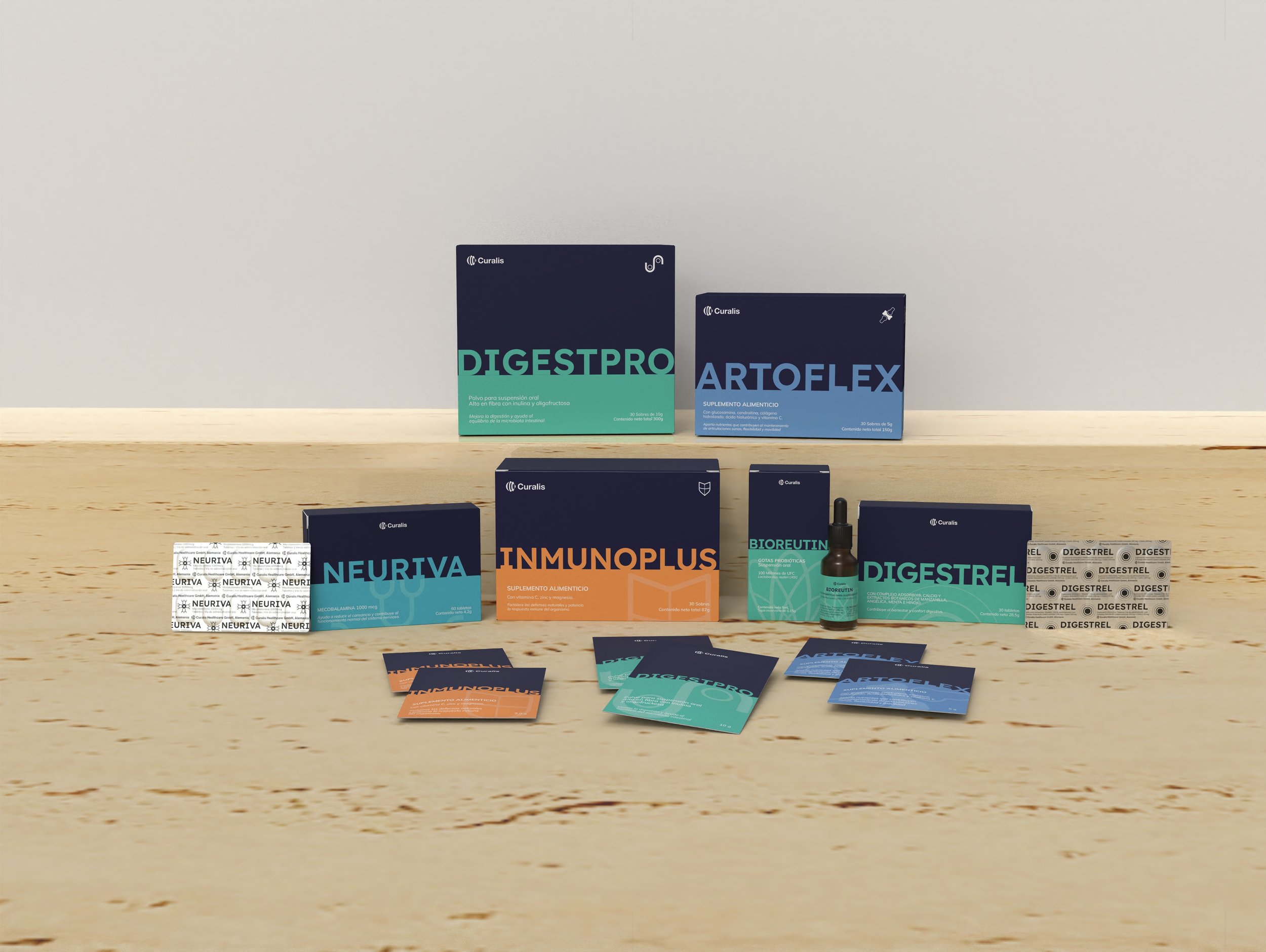 Display of various medical supplement products and informational leaflets on a wooden surface, including brands such as Digestpro, Artoflex, Neuriva, ImmunoPlus, and Bioreutin.