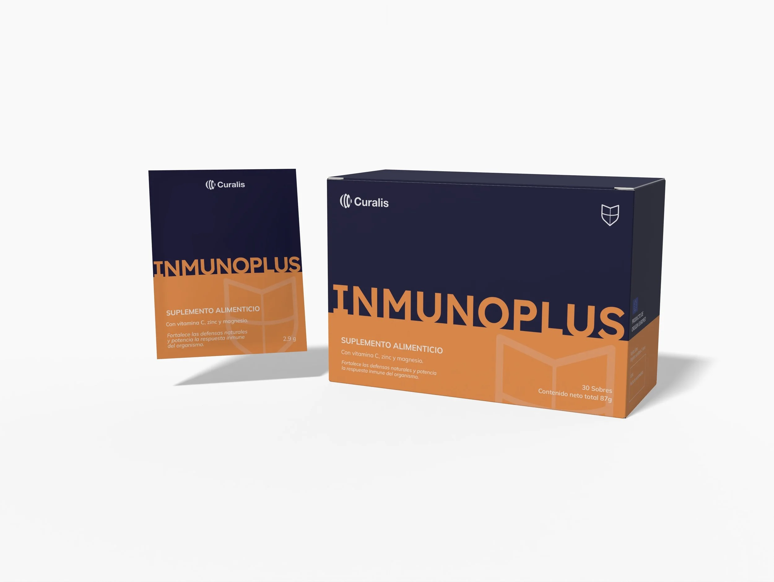 Two boxes of Curalis InmunoPlus dietary supplement, dark blue and orange packaging with text in Spanish, one with a stick packet design.