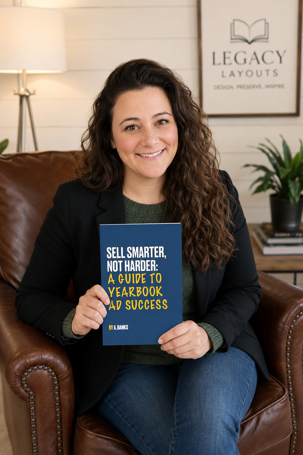 A woman with curly brown hair sitting on a leather chair, holding a book titled 'Sell Smarter, Not Harder: A Guide to Yearbook Ad Success' by A. Banks, smiling at the camera, with a framed print that says 'Legacy Layouts' and a lamp in the background.