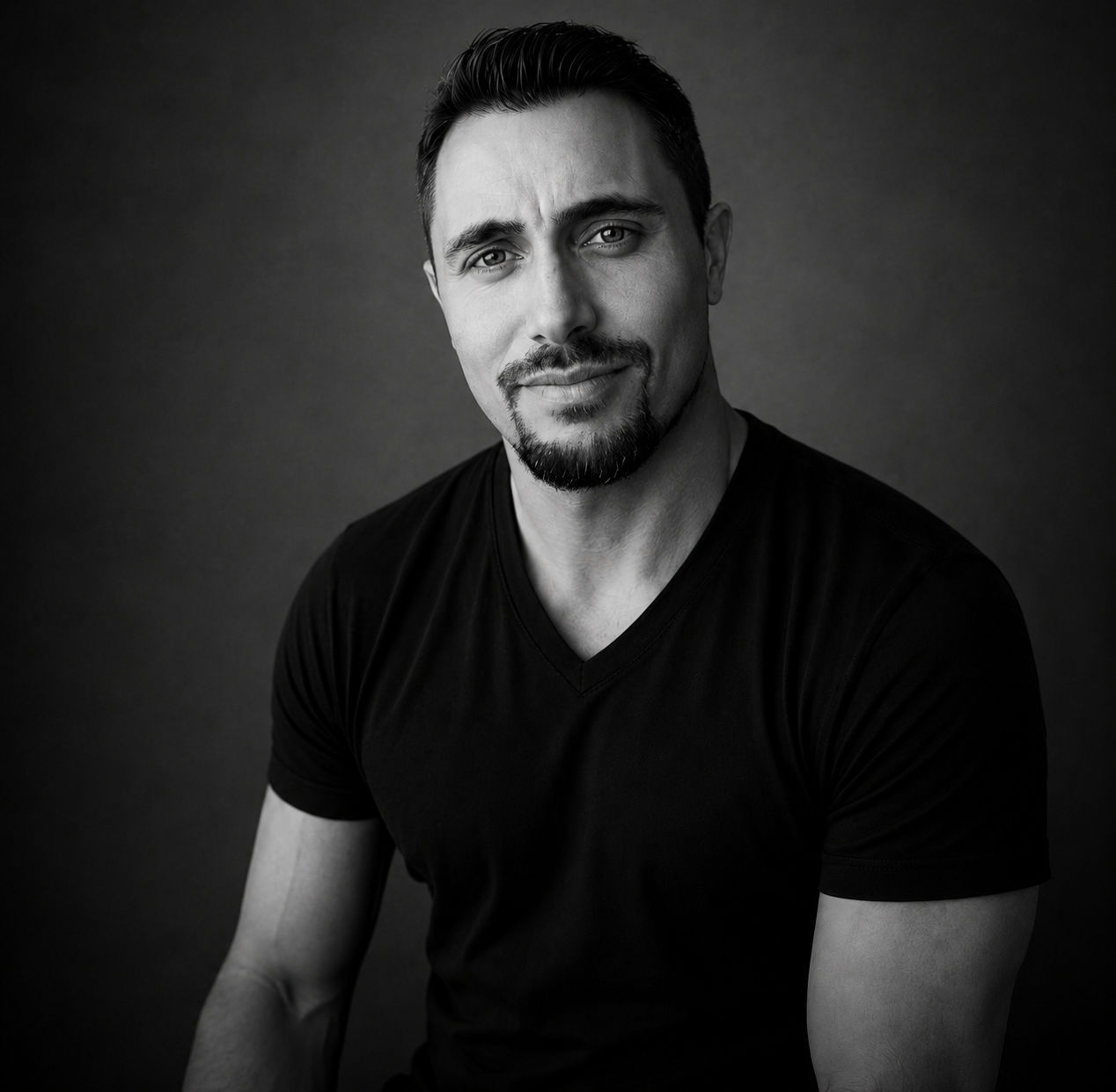 Black and white portrait of a man with dark hair and a beard, wearing a black V-neck shirt, looking at the camera with a slight smile.
