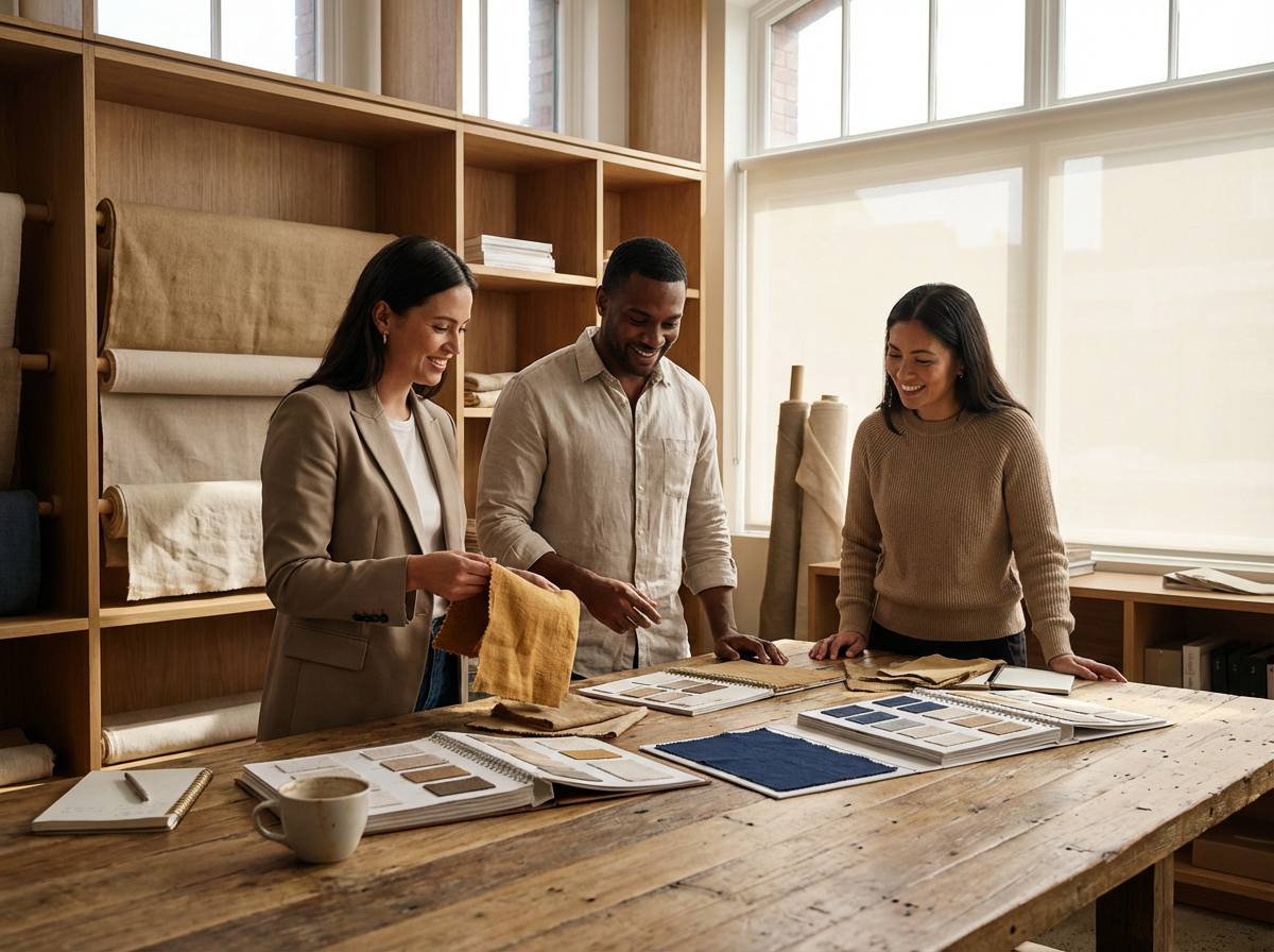 Three people are standing around a wooden table covered with fabric swatches, color samples, and notebooks, smiling and discussing. The room has large windows and shelves filled with fabric rolls and books.