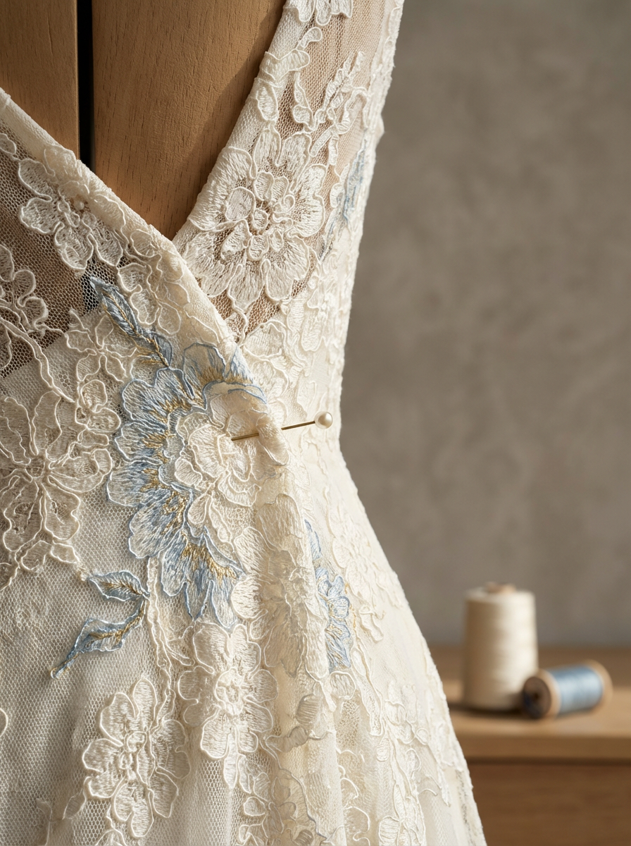 Close-up of a cream-colored lace wedding dress with embroidered floral details, pinched at the waist with a pearl-topped pin, against a background of thread spools and a spool holder.