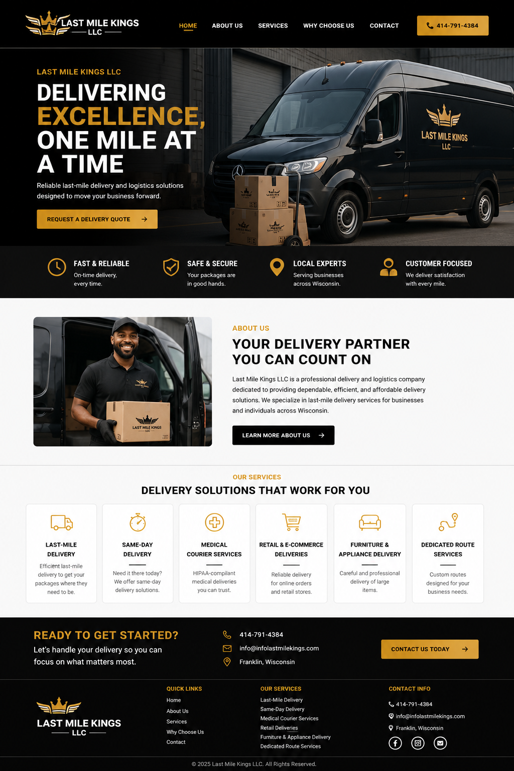 Homepage of Last Mile Kings LLC's website featuring a delivery van with the company's logo, a delivery person holding a package, navigation menu, contact info, and service descriptions for last-mile delivery services.