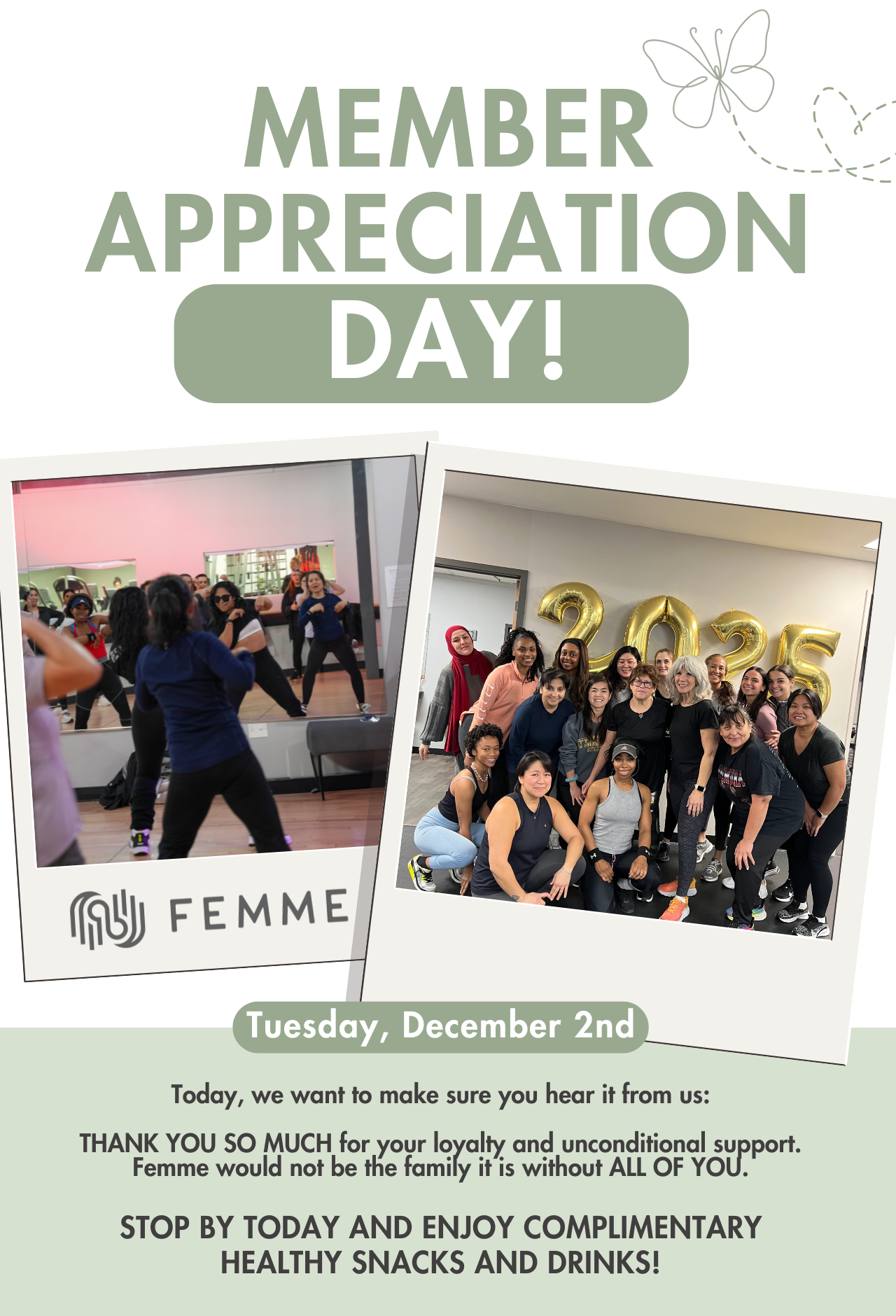 A flyer for Member Appreciation Day on Tuesday, December 2nd, featuring two photos of women participating in fitness activities and group photos, with text thanking members and inviting them to enjoy complimentary healthy snacks and drinks.