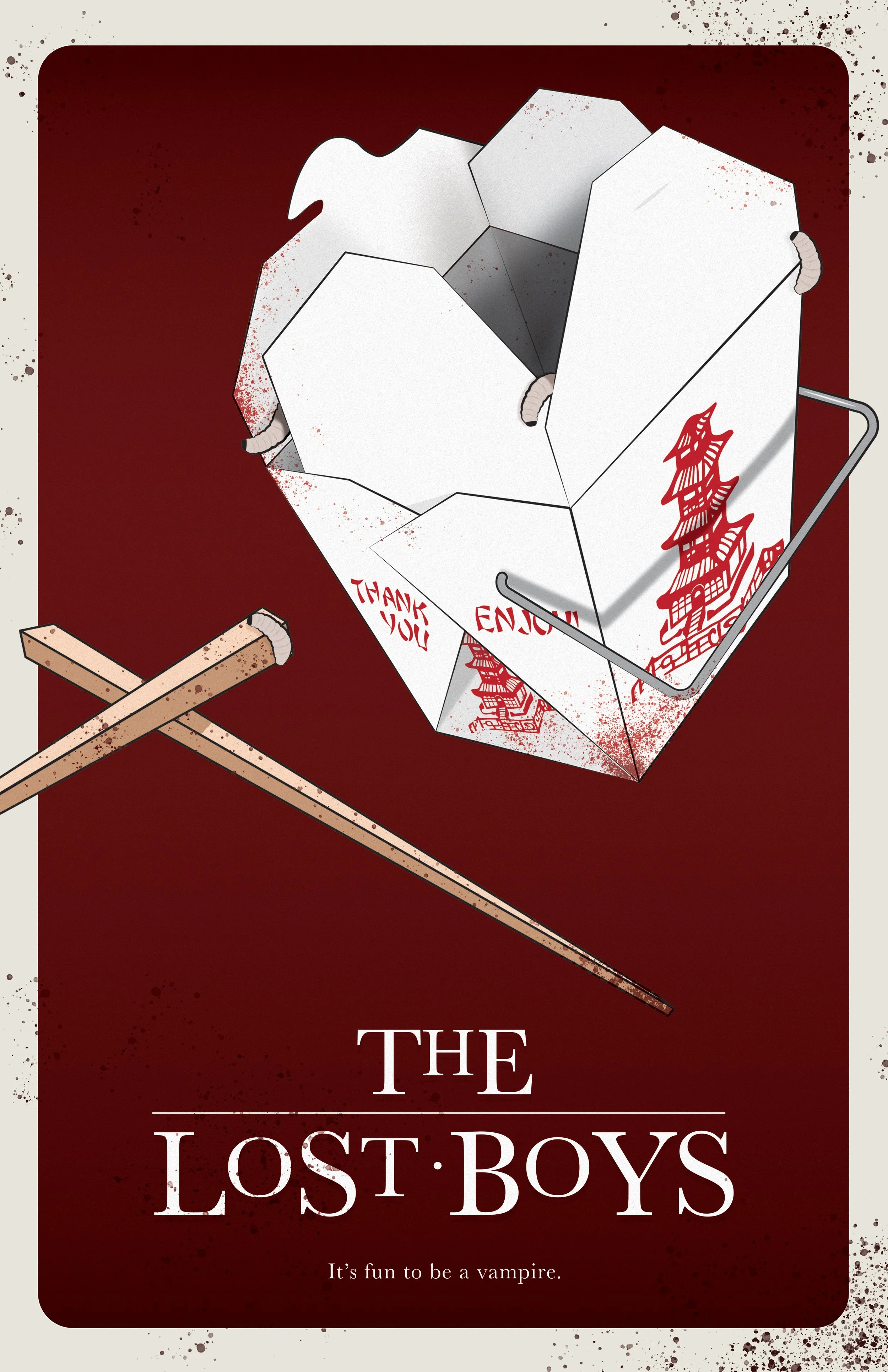 A vampire-themed party poster titled "The Lost Boys." The poster displays a white Chinese takeout box with a red pagoda illustration and the words "Thank you" and "Enjoy" on it. There are wooden chopsticks resting on the top of the poster, with some blood splatters on the background and the box. The caption at the bottom reads, "It's fun to be a vampire."