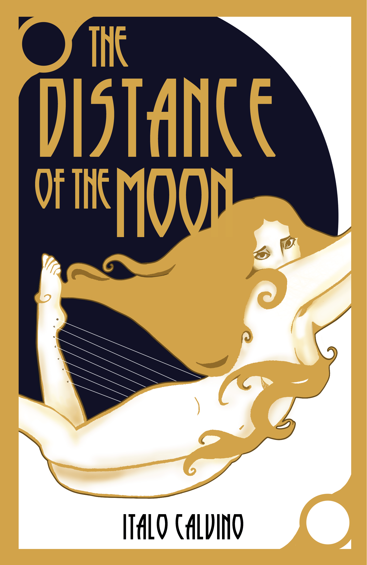 A vintage-style illustration promoting Italy as the place of the moon, featuring a woman with long flowing hair holding a musical instrument. The text reads 'The Distant of the Moon' and 'Italo Calvino'.