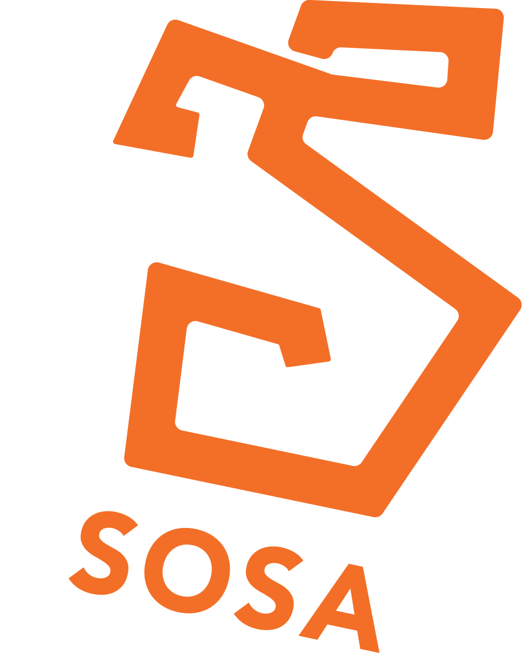 Orange geometric logo with the letters "SOSA" below in bold text, set against a black background.