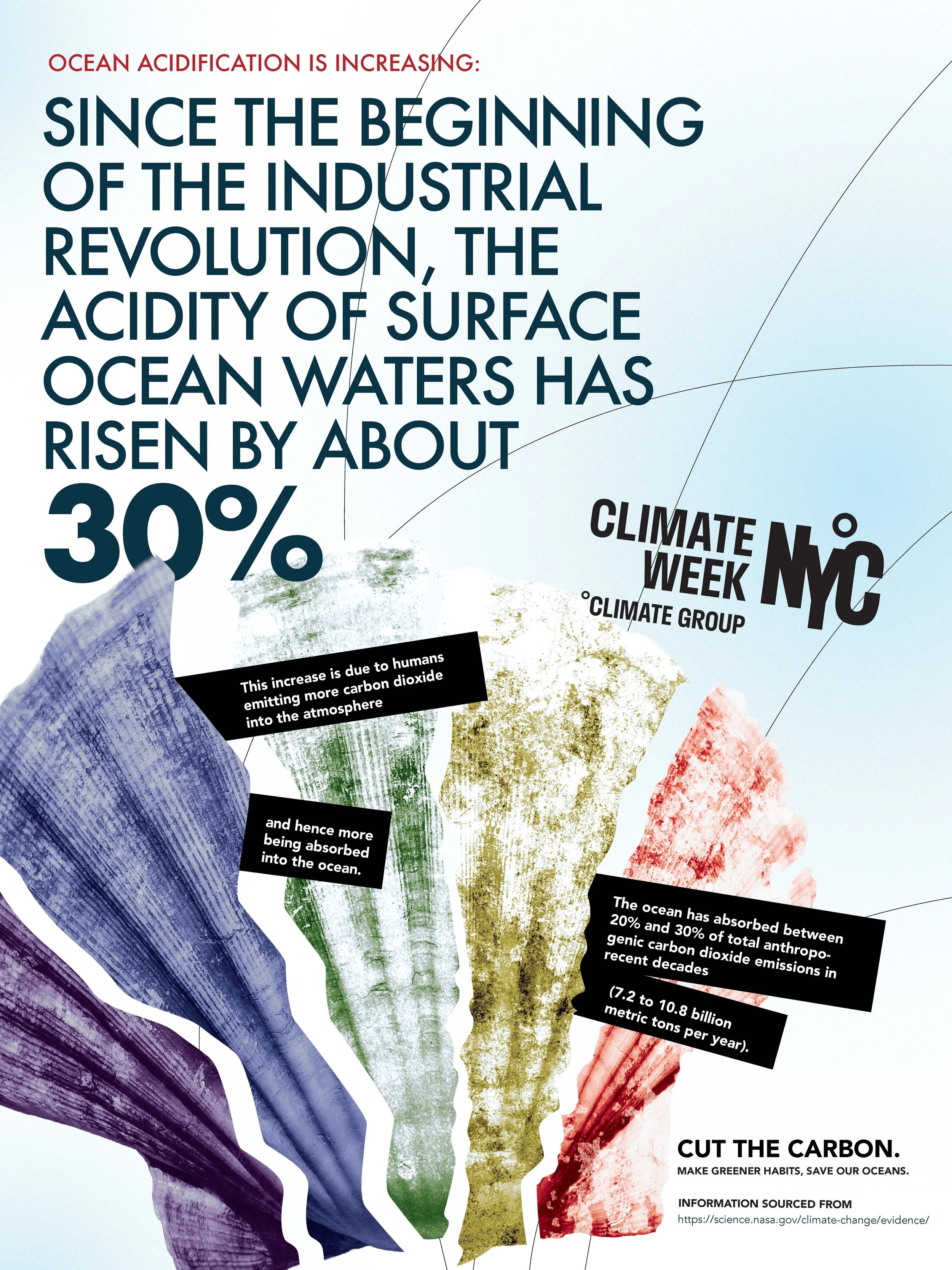 Colorful, textured abstract shapes representing ocean waters in purple, green, and red. Overlaid text discusses ocean acidification and climate change, with statistics about carbon absorption and impact by humans. The bottom section urges to cut carbon and save oceans, citing NASA as an information source.