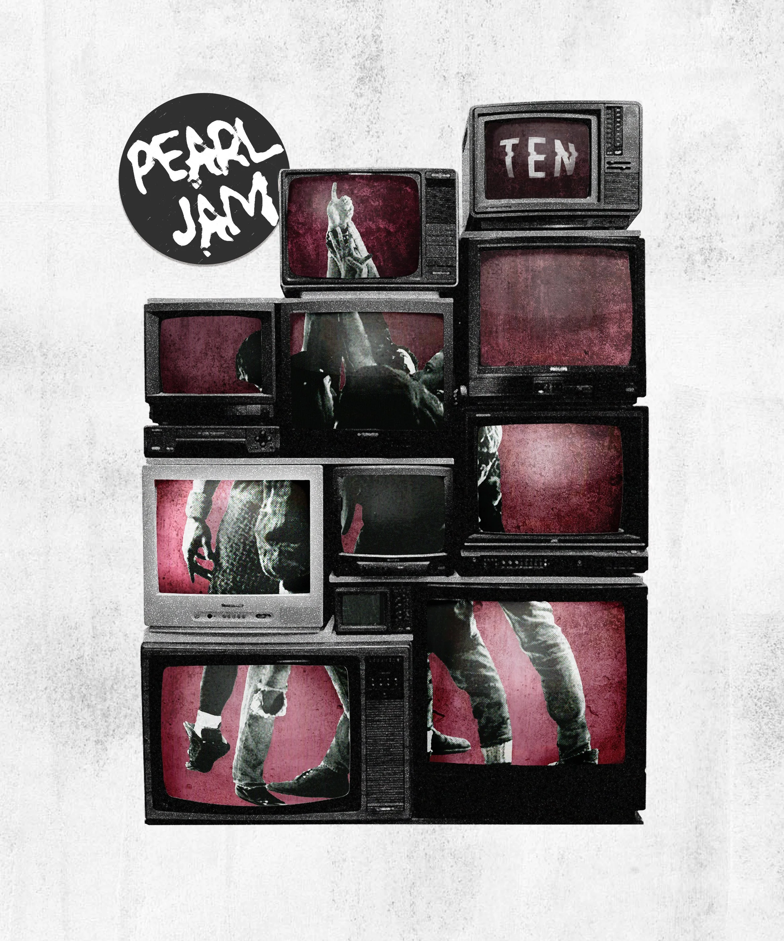 Multiple vintage television sets stacked together, displaying a person with a raised finger and the words 'PEACEL JAM' and 'TEN' on the screens, with a person standing behind the TVs.