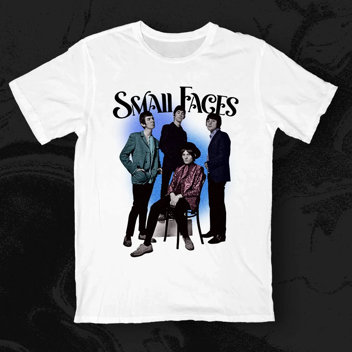 White T-shirt with a graphic of a band called Small Faces, featuring four band members in vintage style clothing, with the band's name in stylized black font above.