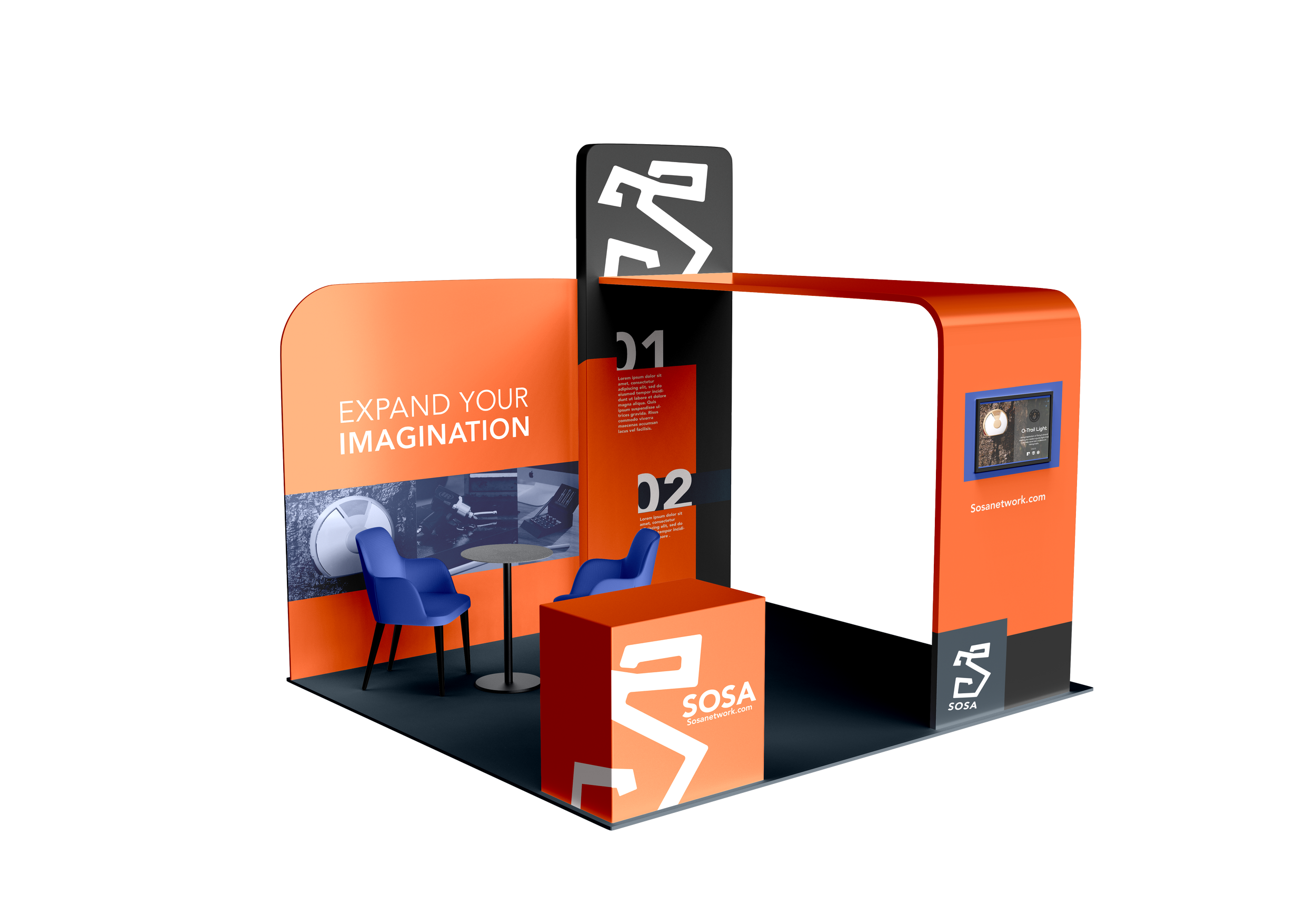 A trade show booth with orange and black colors, displaying the slogan "Expand Your Imagination." It includes a small seating area with two blue chairs and a round table, a digital screen, and branded signage for Sosa.