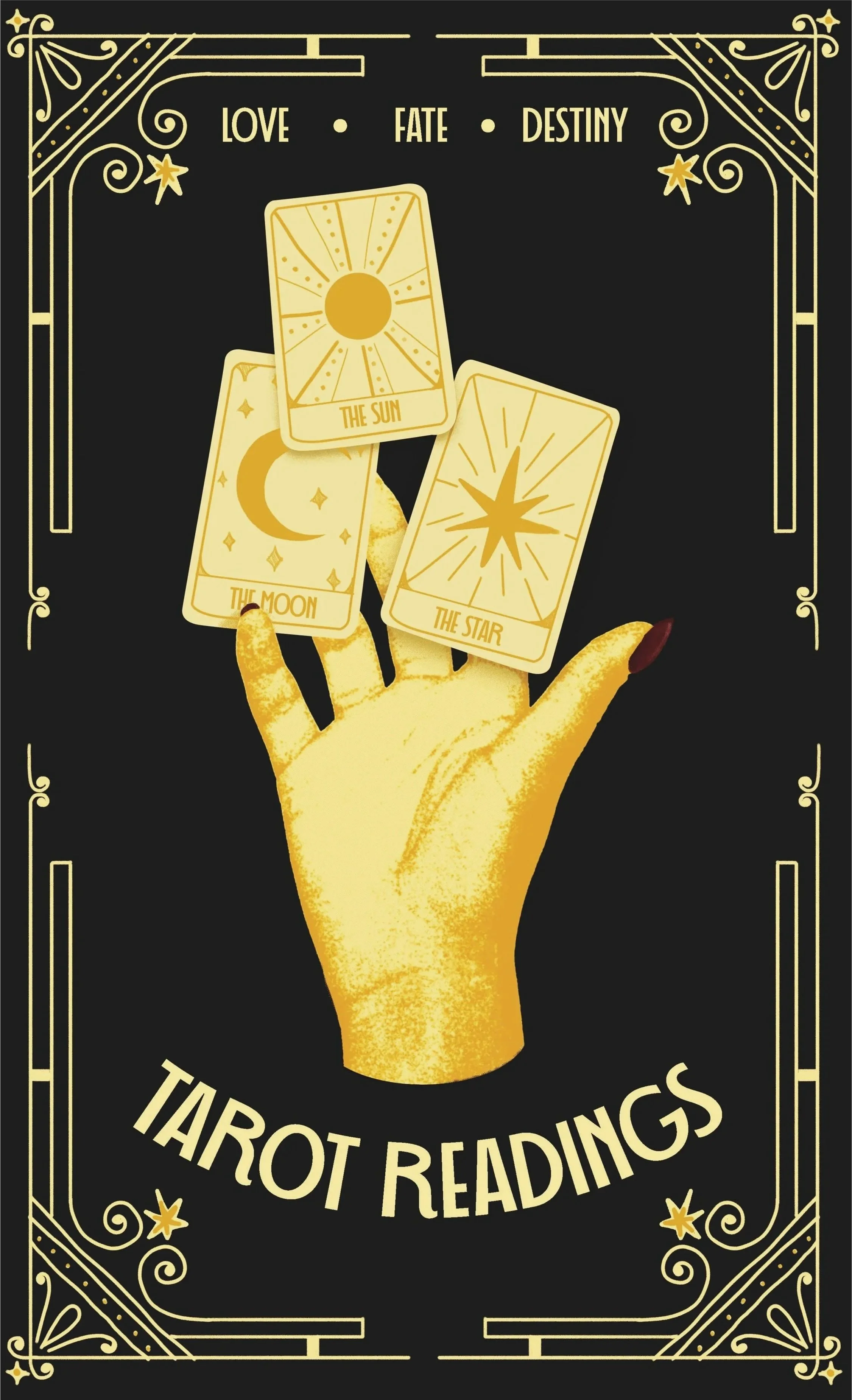 A hand holding three tarot cards labeled The Sun, The Moon, and The Star against a black background, with gold decorative borders and the words "Tarot Readings" at the bottom.