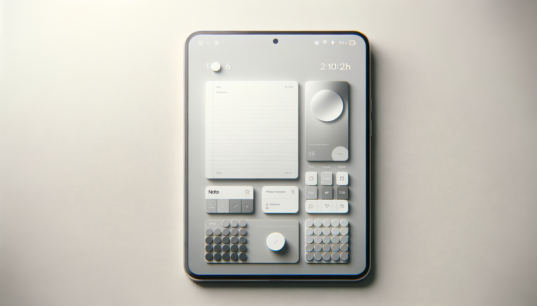 A modern digital device featuring various buttons, dials, and screens, laid out in a sleek, minimalist design on a light surface.