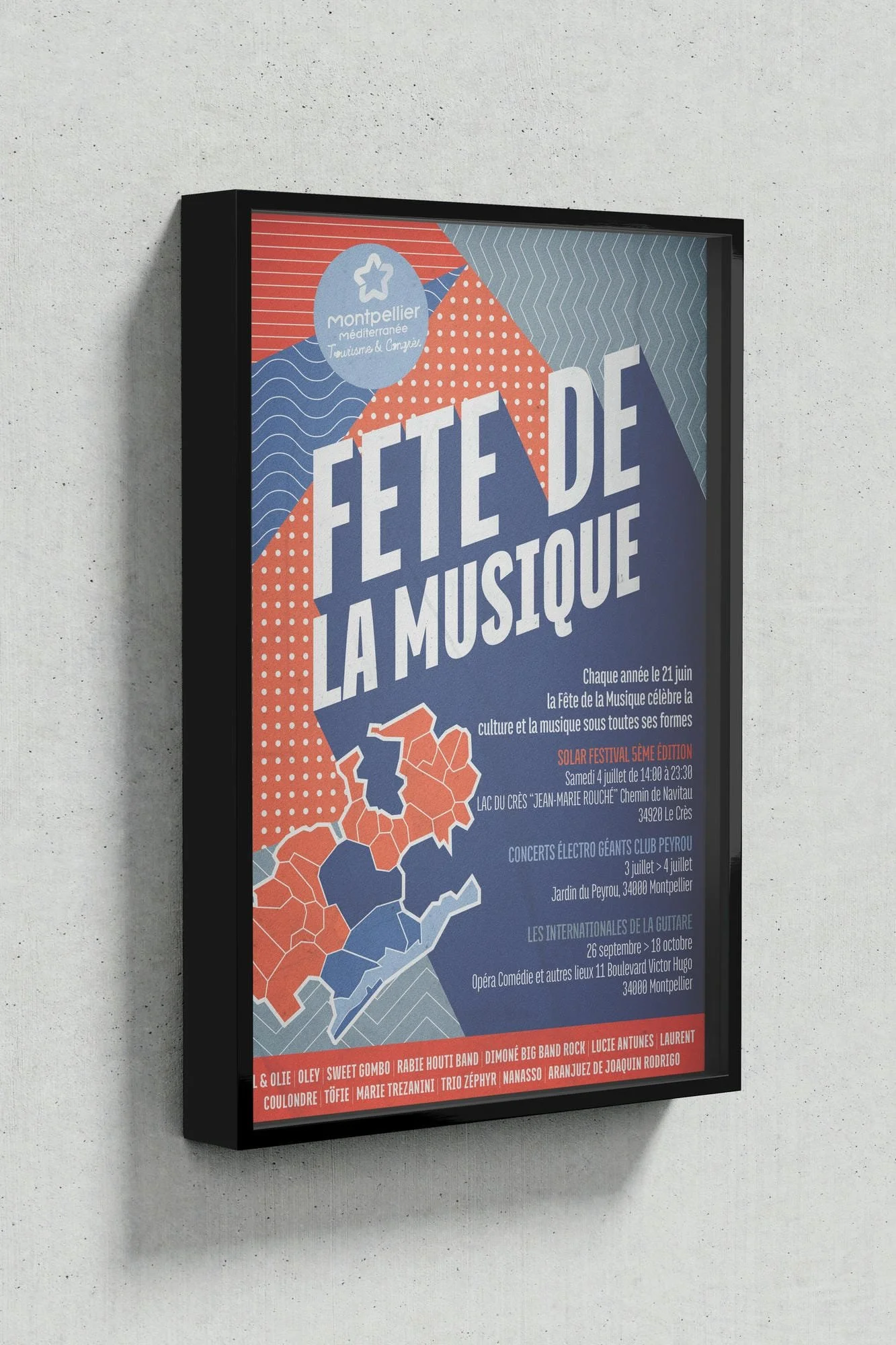 Plakat für die Feier der Musik in Montpellier, Frankreich, mit Veranstaltungsterminen und Künstlernamen.
