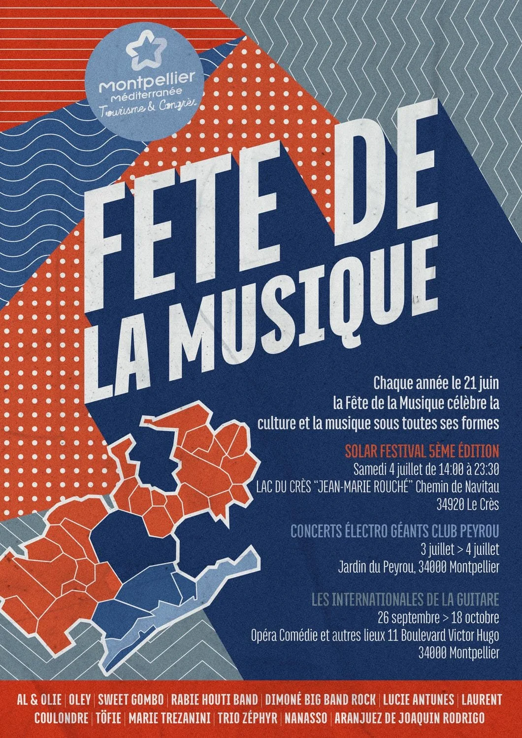 Poster für die Feier de la Musique in Montpellier, mit Veranstaltungsterminen, Orten und Künstlernamen, farbenfrohes Design mit Musikkunst und geografischer Karte von Montpellier.